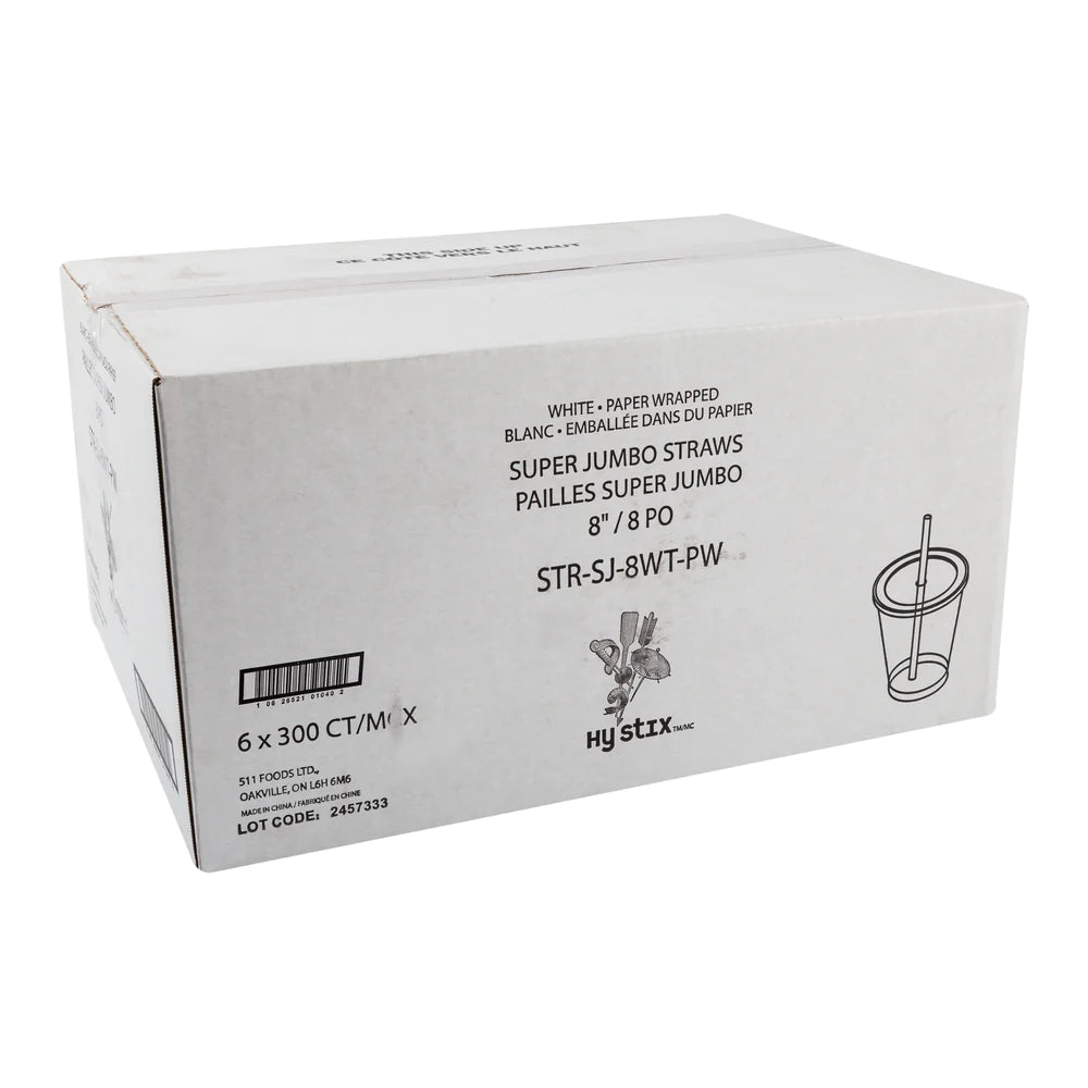 Straw Super Jumbo 8" White Paper Wrapped