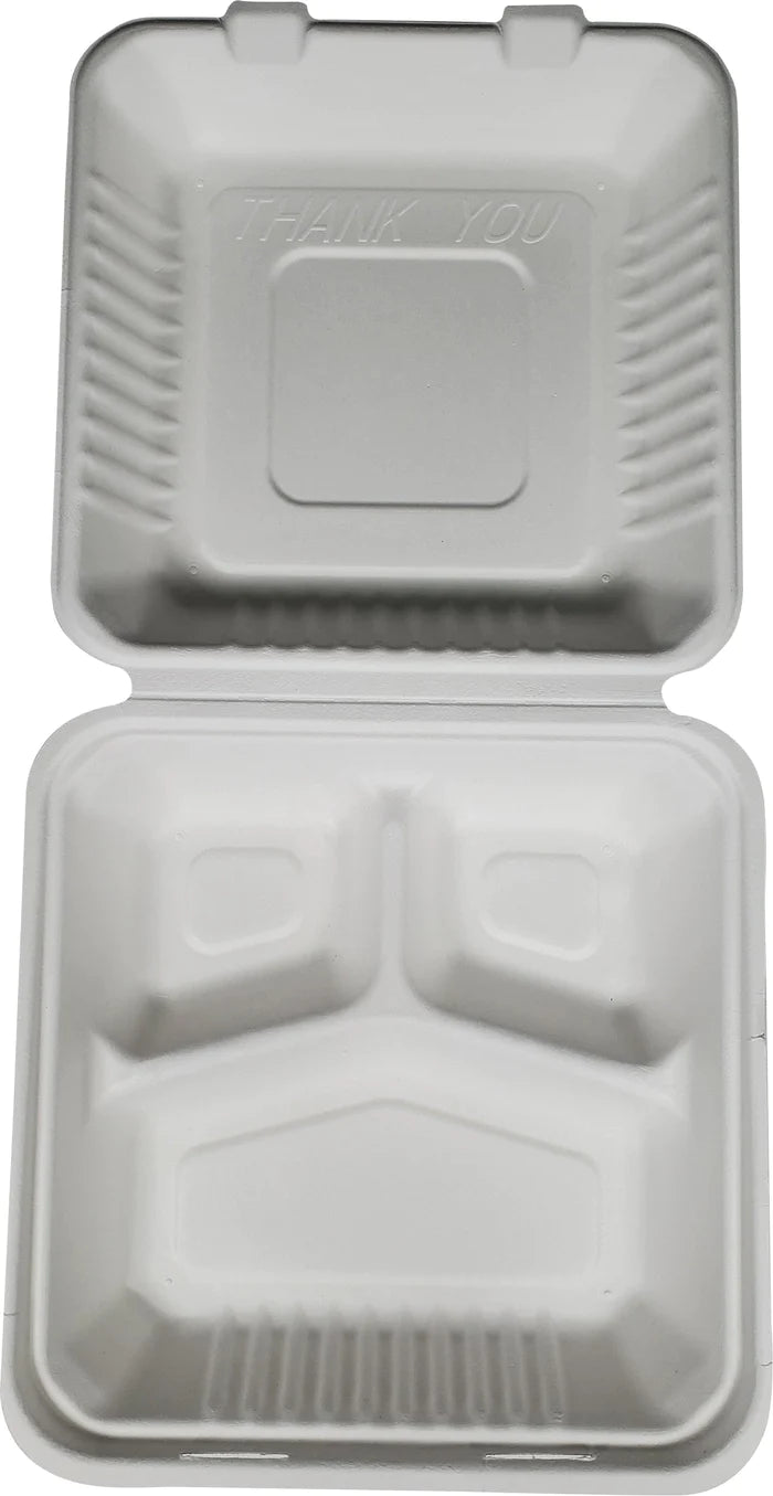 PPP - 8X8X3 - Bagasse Clamshell Container - 3 Comp